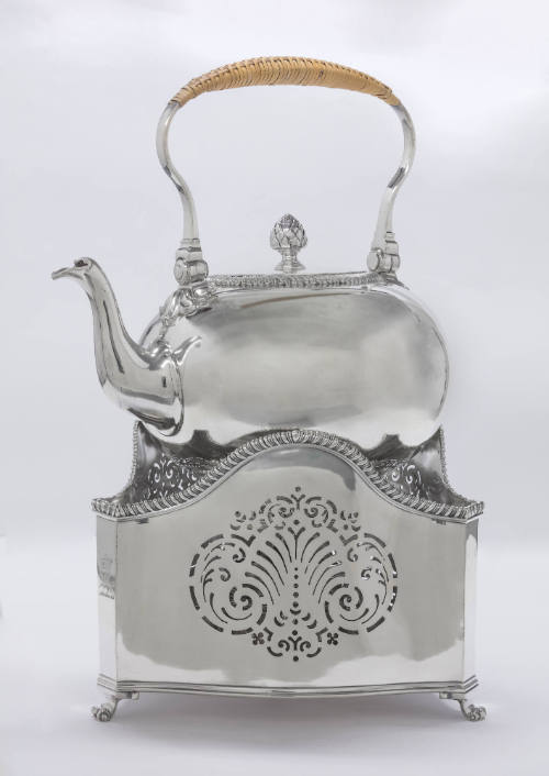 George II silver kettle on lamp stand, with windshield