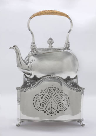 George II silver kettle on lamp stand, with windshield