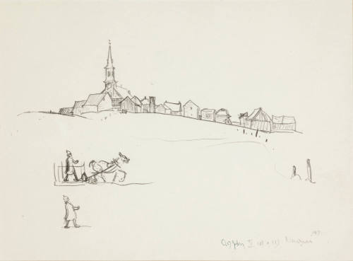 untitled [figures with sled and horse on hillside with village and church in background]