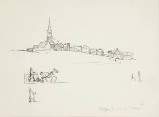 untitled [figures with sled and horse on hillside with village and church in background]