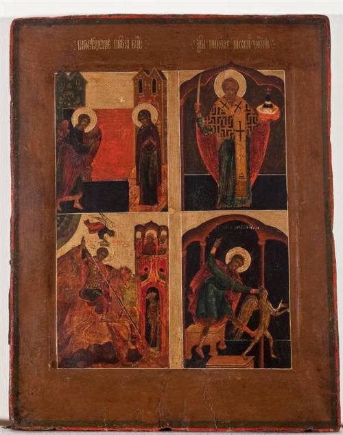 Quadripartite Panel. Annunciation, St. Nicholas, St. George and unidentified saint