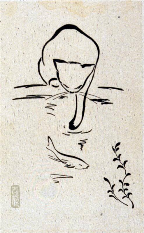 untitled (cat reaching toward a fish in a pond)