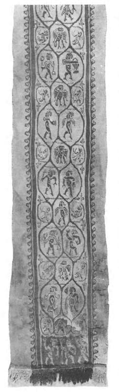 Largely monochrome tapestry band with figures within a stylized vine-scroll