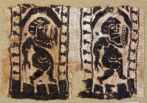 End of a double band of monochrome tapestry with two warriors