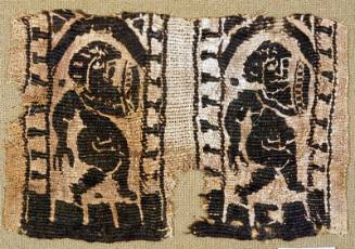 End of a double band of monochrome tapestry with two warriors