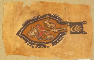 Spatulate polychrome tapestry panel with three rabbits encircling a stylized tree
