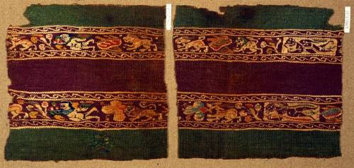 Two fragments of a polychrome tapestry band, with a succession of putti, animals, and plant motifs