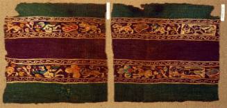 Two fragments of a polychrome tapestry band, with a succession of putti, animals, and plant motifs