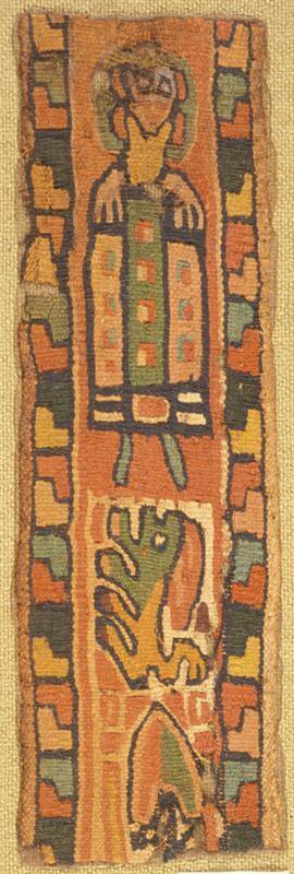 Polychrome tapestry band with a nimbed figure, lion, and plant motif