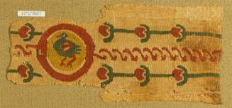 Polychrome tapestry band with florets and guilloche to either side of a bird roundel