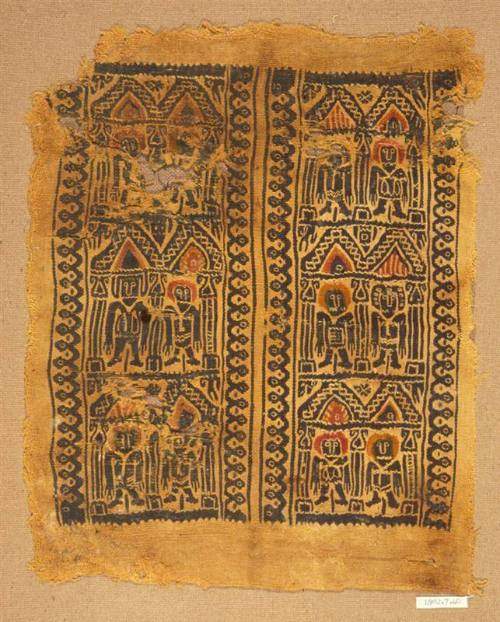 Double tapestry band with a largely monochrome design of human figures within a colonnade