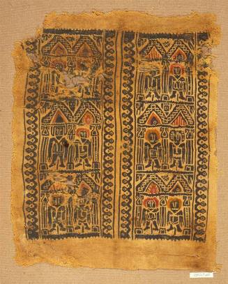 Double tapestry band with a largely monochrome design of human figures within a colonnade