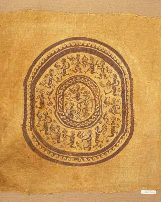 Monochrome tapestry roundel with putti carrying birds or baskets of fruit