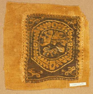 Monochrome tapestry square with putti framed by a jewelled wreath