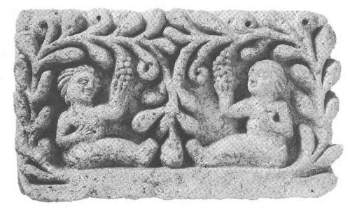 Architectural frieze fragment/two figures seated under a grape arbour