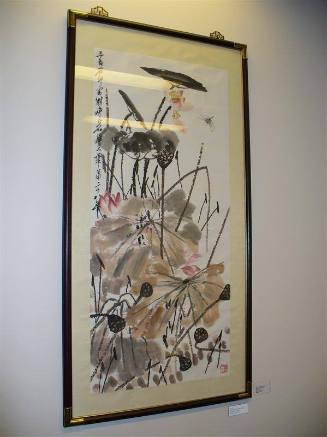 abstract Chinese brush painting of lotus flowers, leaves and dragonfly