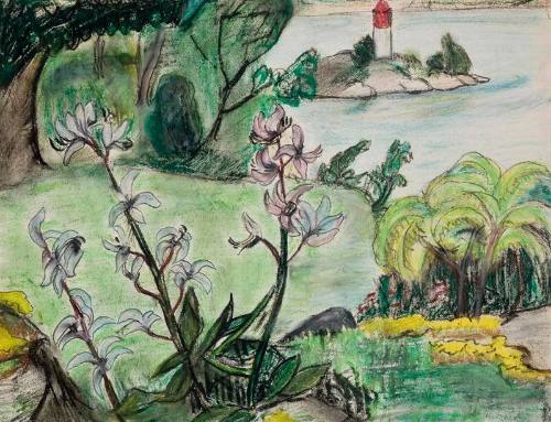 untitled [floral landscape with lighthouse beyond]