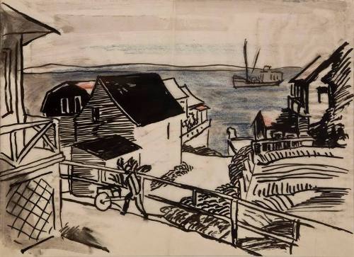 untitled [fishing village with trawler in harbour]