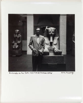 William Burroughs in front of sphinx at the Metropolitan Museum of Art, NYC