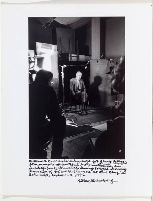 William Burroughs, James Grauerholz in silhouette - interviewed on film set