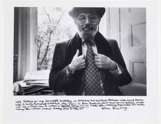 Allen Ginsberg self portrait on 70th birthday, June 3rd, 1996, wearing hat and tie