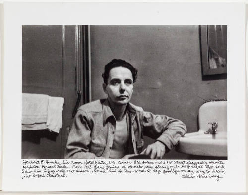 Herbert Huncke leaning on sink, Hotel Elite, 8th ave, NYC