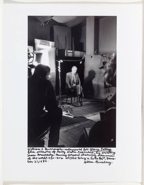 William Burroughs, James Grauerholz in silhouette - interviewed on film set