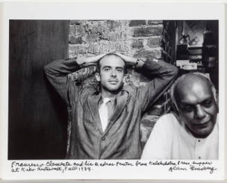 Francisco Clemente, portrait with hands on head, Kiev Restaurant, NYC, October 1984