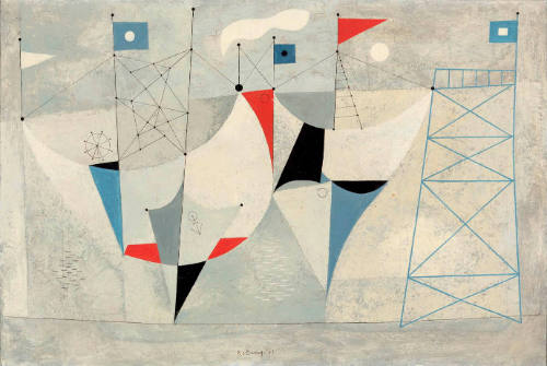 Small Boats Frolicking Near a Blue Diving Tower